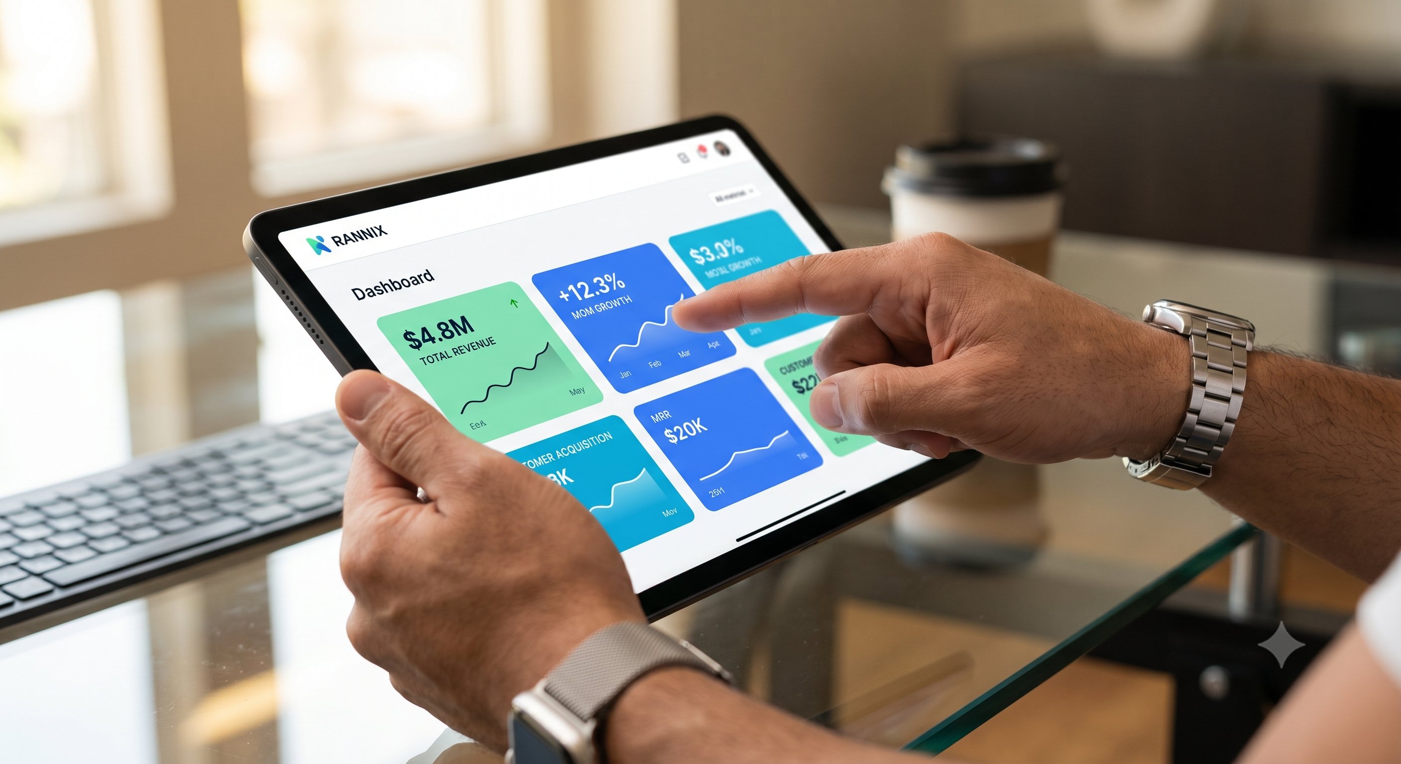 Profesional consultando dashboard en iPad con datos en tiempo real