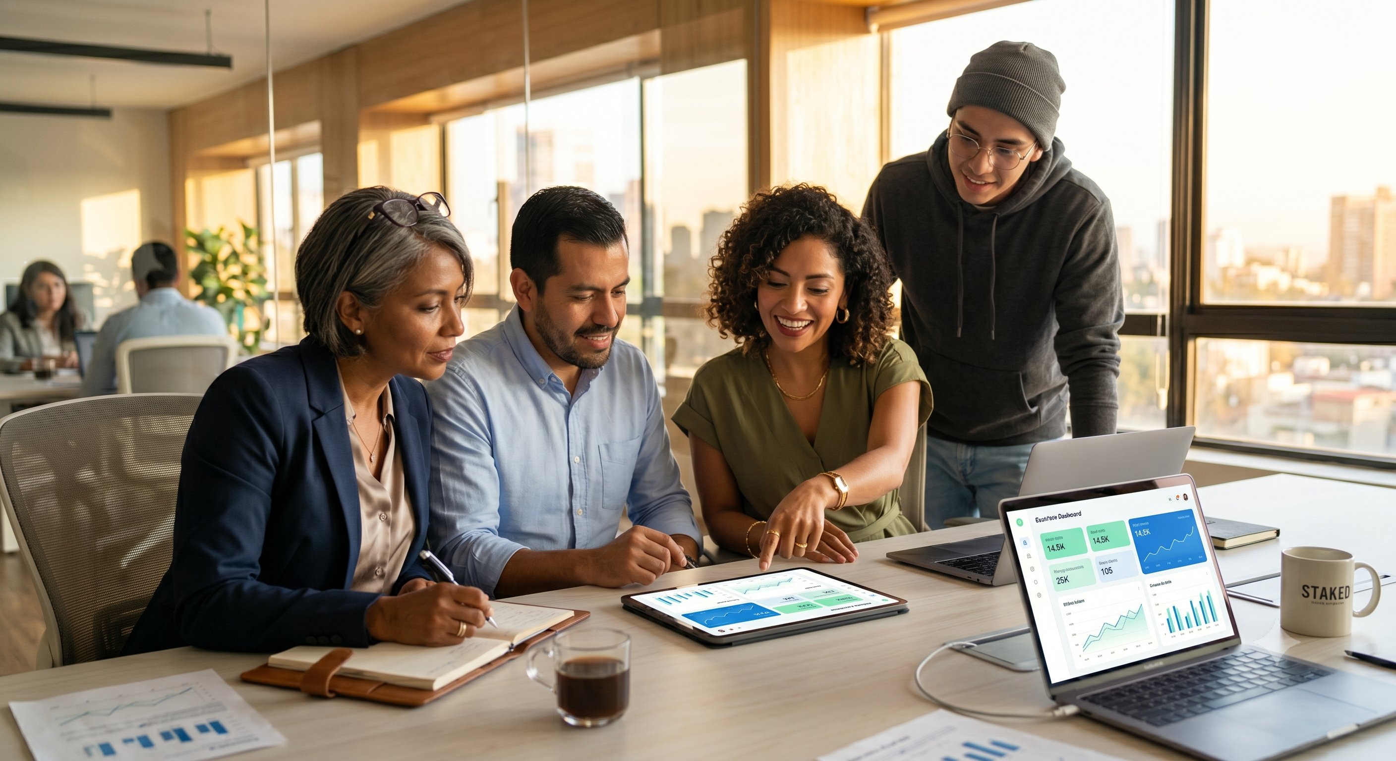 Equipo colaborativo analizando dashboards y datos en tiempo real