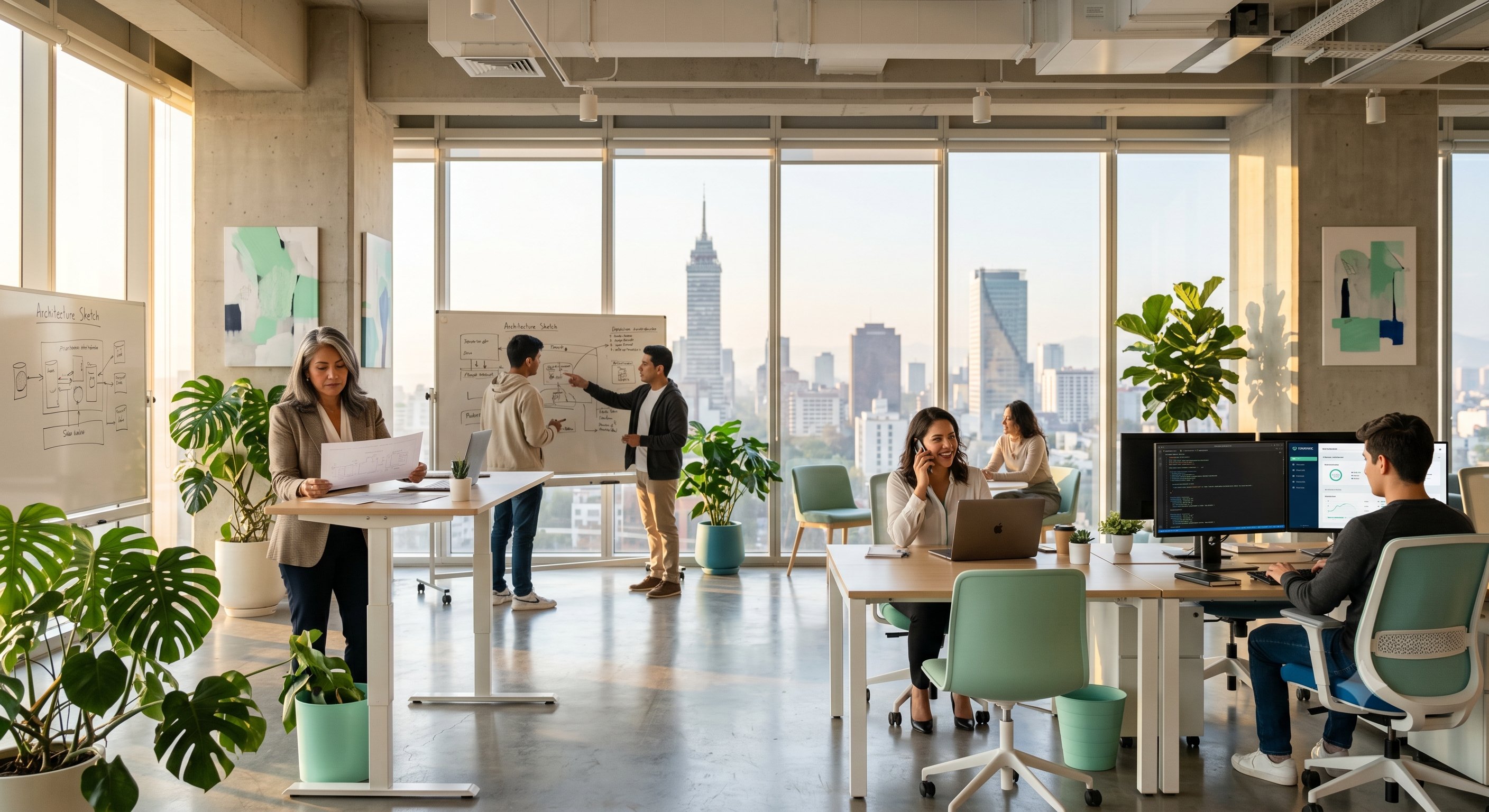Equipo de developers colaborando en arquitectura IA y código