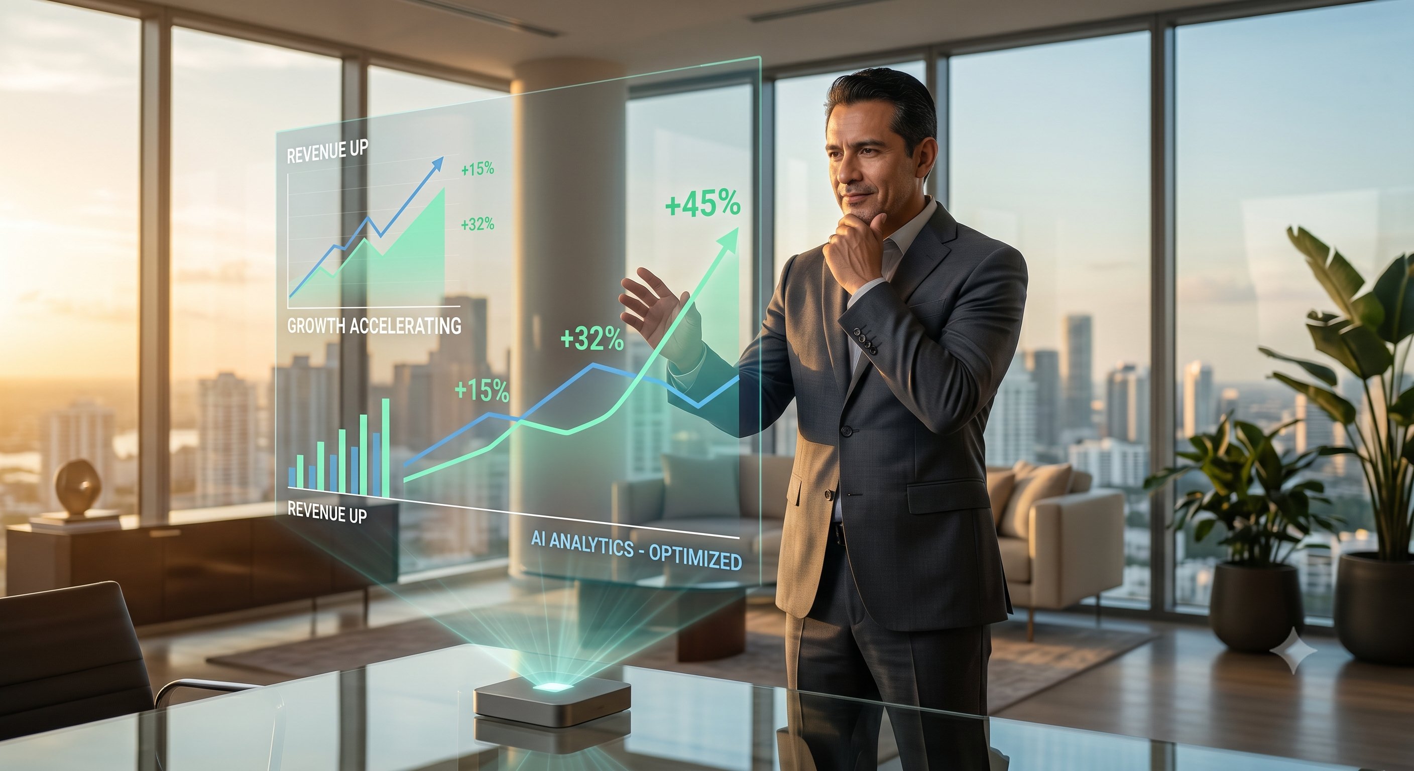 Empresario viendo crecimiento de negocio con datos y IA
